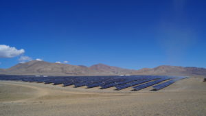 Large solar array in the arid Chuiskaya Steppe in Altai Republic