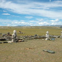 Burial site and deer stones in Mongolian steppe