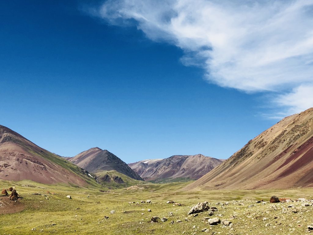 Colorful valley and a blue sky in Mongolian Altai