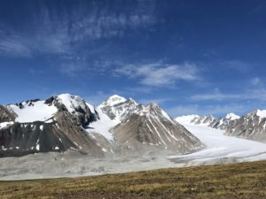 View of Five Peaks Mountains (Tavan Bogd) and glaciers in Mongolia